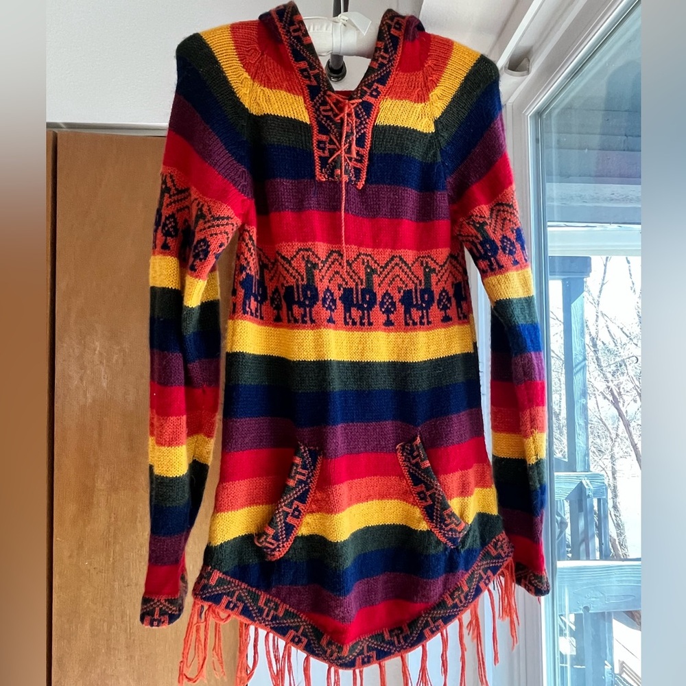 Bolivian Alpaca Knit Tunic Sweater with Hood Rainbow Small